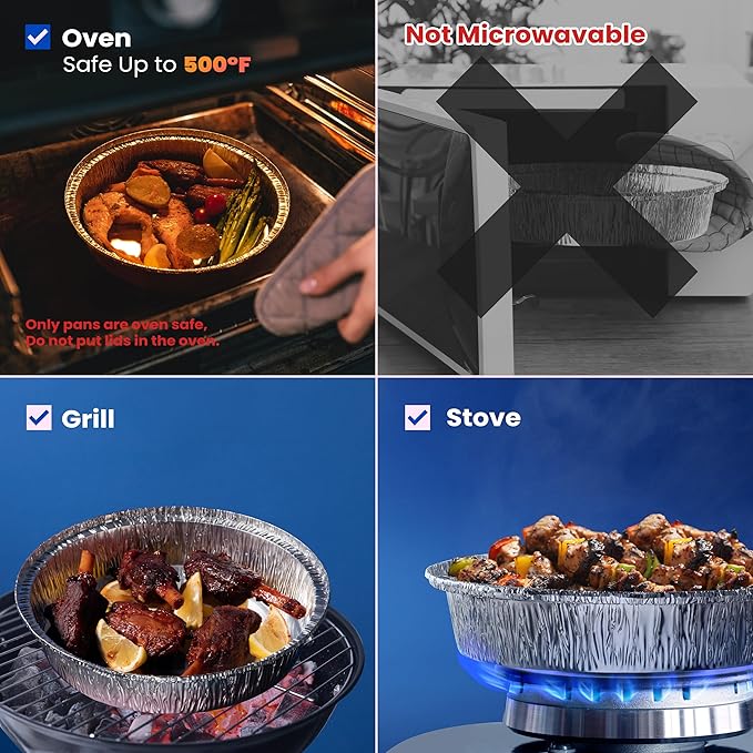 Fit Meal Prep 45 Pack 9” Round Aluminum Foil Pans with Lids, Pie Tins Disposable 9 inch with Lids, Take Out Containers, Freezer Oven Safe Aluminum Baking Pans for Storing, Cooking, Storage, Reheating