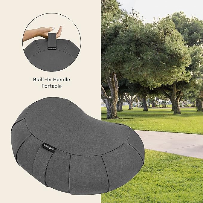 Retrospec Sedona Zafu Meditation Cushion with Buckwheat Hull Fill - Adjustable Yoga & Pilates Equipment Support - 17in Crescent Cotton Cover