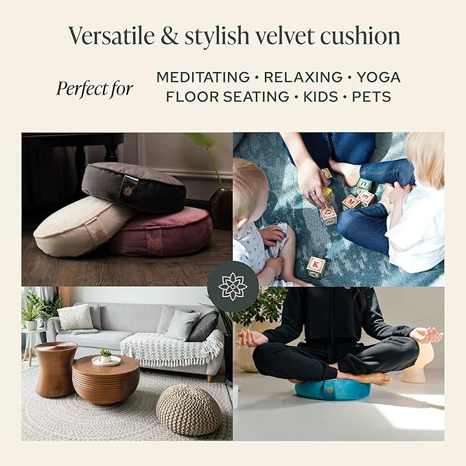 Mindful Modern Velvet Meditation Cushion | Luxe Zafu Yoga Floor Pillow Seat | Posture Support | Buckwheat Hull Filled | Large Round Cushion with Removable Washable Cover + Carry Handle