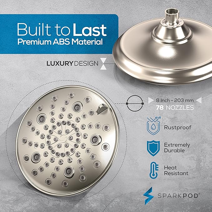 SparkPod Luxury Filtered Shower Head Set 23 Stage Shower Filter - Reduces Chlorine and Heavy Metals - High Pressure Showerhead Filter (8" Round, Elegant Brushed Nickel)