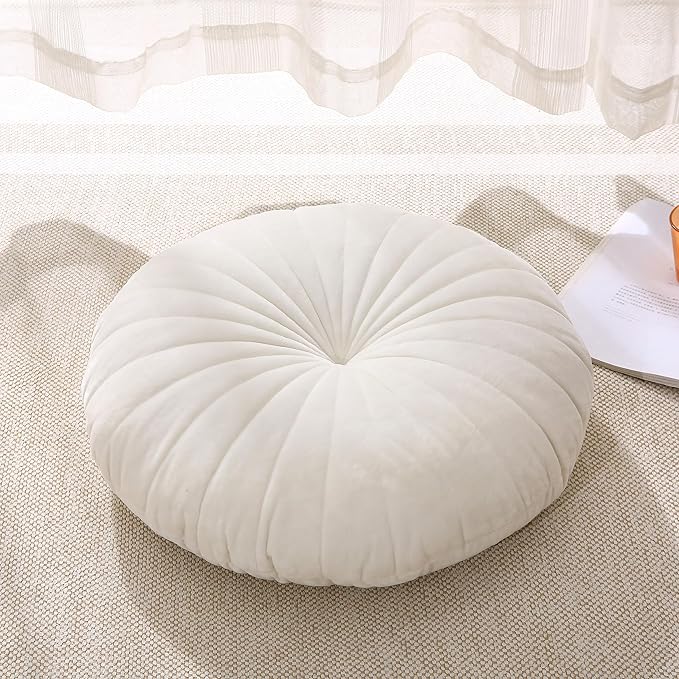 Floor Pillow Meditation Cushion Round Large Floor Pillows Seating for Adults, Velvet Thick Floor Cushions for Yoga Living Room Balcony Outdoor Tatami 18inch(Beige)