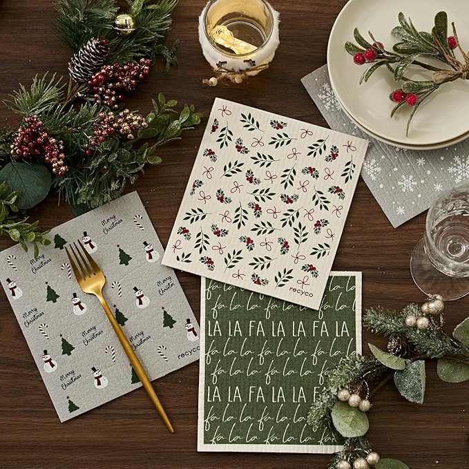 RECYCO 4 Pack Christmas Swedish Dishcloths for Kitchen | Jolly Holiday Washable Dish Towels | Cellulose Reusable Cleaning Paper Towels | Absorbent Counter Dish Cloth Sponge Kitchen Wipes, 7" x 8"