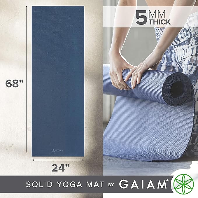 Gaiam Yoga Mat - Premium 5mm Solid Thick Non Slip Exercise & Fitness Mat for All Types of Yoga, Pilates & Floor Workouts (68" x 24" x 5mm)