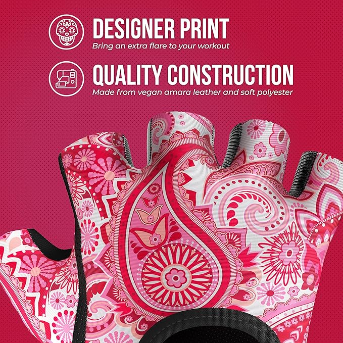 5387 Womens Design Series Paisley Print Lifting & Rowing Gloves (Pair) - Lightweight Vegan Medium Padded Microfiber Amara Leather w/Griplock Silicone