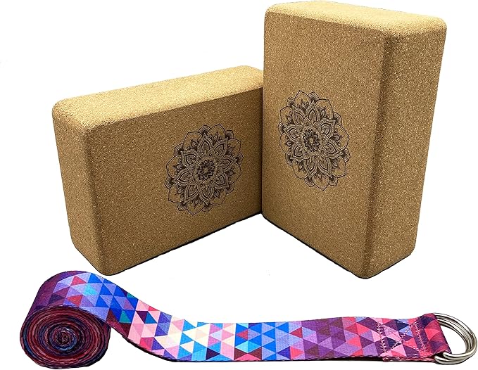 Aozora Cork Yoga Block Sustainable & Eco Friendly 2 Pack and Yoga Strap Set Made of The Finest Natural Cork for Better Support, Balance & Comfort