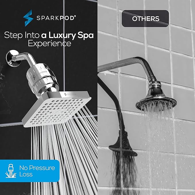 SparkPod Luxury Filtered Shower Head Set 23 Stage Shower Filter - Reduces Chlorine and Heavy Metals - High Pressure Showerhead Filter (6" Square, Luxury Polished Chrome)