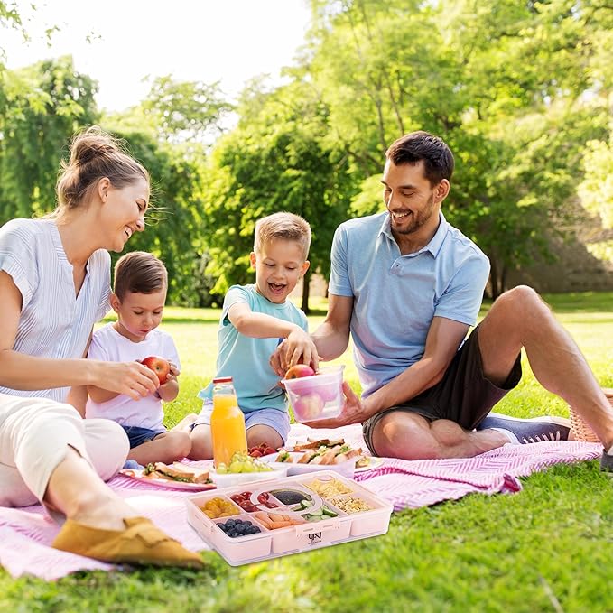 Snackle Box Container - 10 Compartments Including 2 XL, Dishwasher & Microwave Safe, Divided Serving Tray with Lid and Handle, BPA-Free, snack box (1 PCS, Pink, 1 Box with 2 XL Compartments)