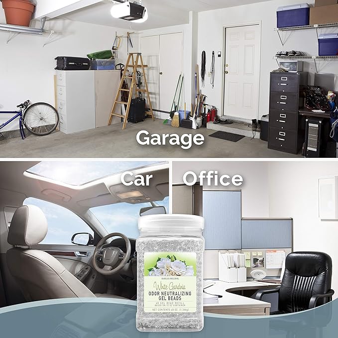 SMELLS BEGONE 48 oz Odor Eliminator Gel Bead Refill - Eliminates Odors from Bathrooms, Cars, Boats, RVs and Pet Areas - Air Freshener - Made with Essential Oils - White Gardenia Scent