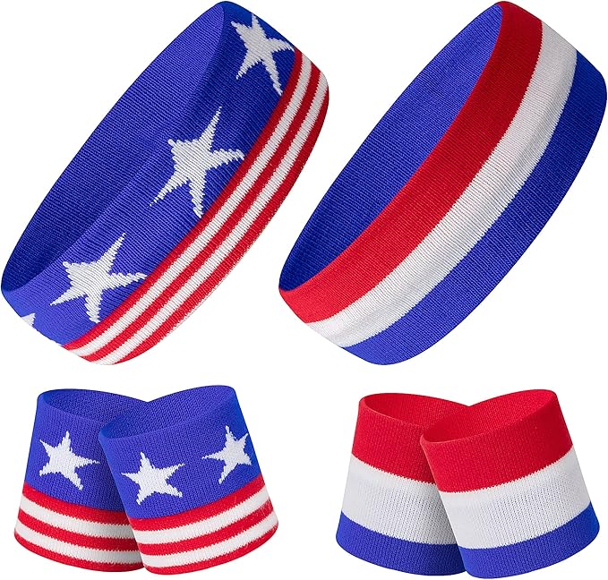 American Flag Sports Headband and Wristband- Striped Sweatband Set for Basketball, Football, Running, Gym, Exercise