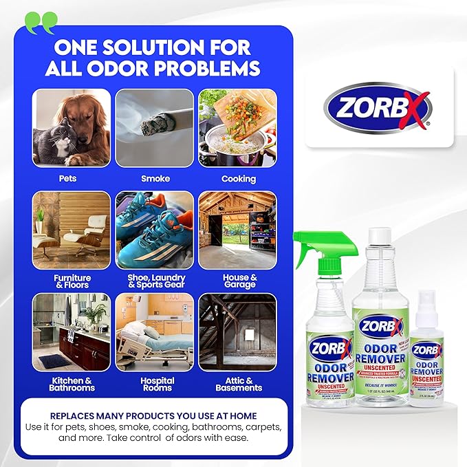 ZORBX Unscented Multipurpose Odor Eliminator 3 items Bundle: 2 Oz + 16 Oz + 32 Oz - Used in Hospitals & Healthcare Facilities - Advanced Trusted Formula - Perfect Bundle to Get Rid of Unpleasant Odors