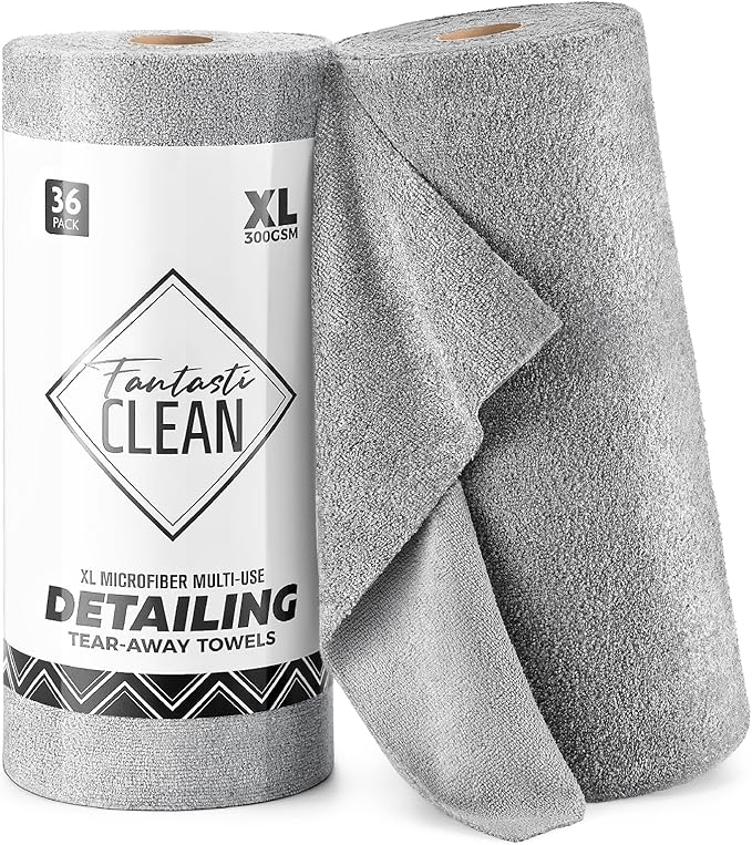 Fantasticlean XL Tear-Away Microfiber Cleaning Cloth Roll, 16'' by 16''- 36 Sheets, Thick & Large Detailing Towels, Ultra Absorbent, Lint-Free Reusable Wipes for Home, Car or Outdoor (Glossy Grey)