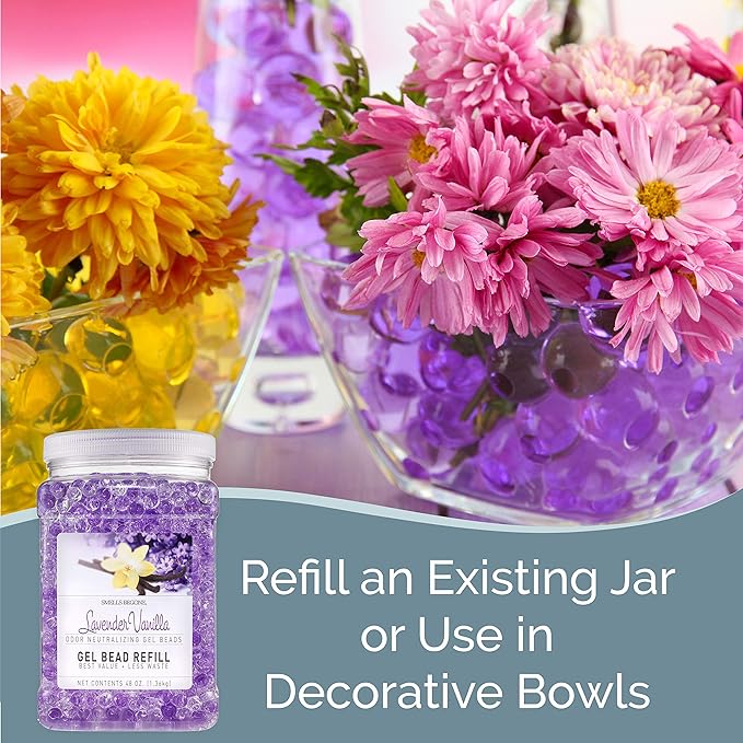 SMELLS BEGONE 48 oz Odor Eliminator Gel Bead Refill - Eliminates Odor from Bathrooms, Boats, Cars, RVs & Pet Areas - Made with Essential Oils - Lavender Vanilla Scent