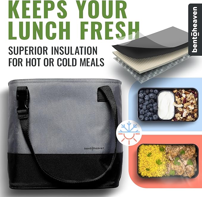 Bentoheaven Insulated Lunch Tote for Work - Durable Materials, Variable Strap/Handle, Wide Opening - Cooler Lunch Bag for Women & Men - Fits all major Bento Lunch Boxes and Other Containers (Gray)