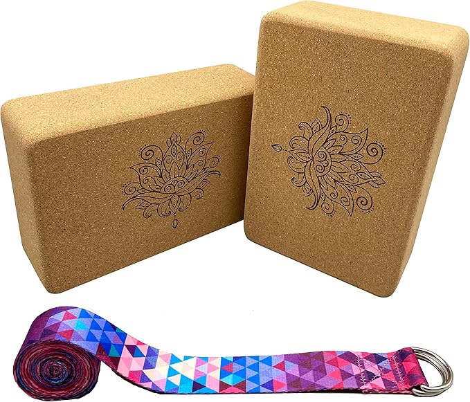 Aozora Cork Yoga Block Sustainable & Eco Friendly 2 Pack and Yoga Strap Set Made of The Finest Natural Cork for Better Support, Balance & Comfort