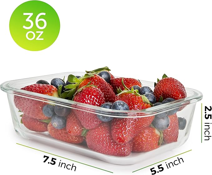 PrepNaturals 5 Pack 36 Oz Glass Meal Prep Containers - Dishwasher Microwave Freezer Oven Safe - Glass Storage Containers with Lids