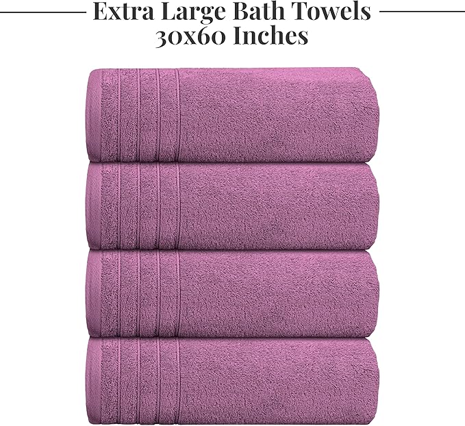 Tens Towels Pack of 4 Extra Large Bath Towels 30 x 60 Inches, 100% Cotton, Larger & Lighter Weight, Quicker to Dry, Super Soft and Absorbent, Perfect for Bathroom, Purple
