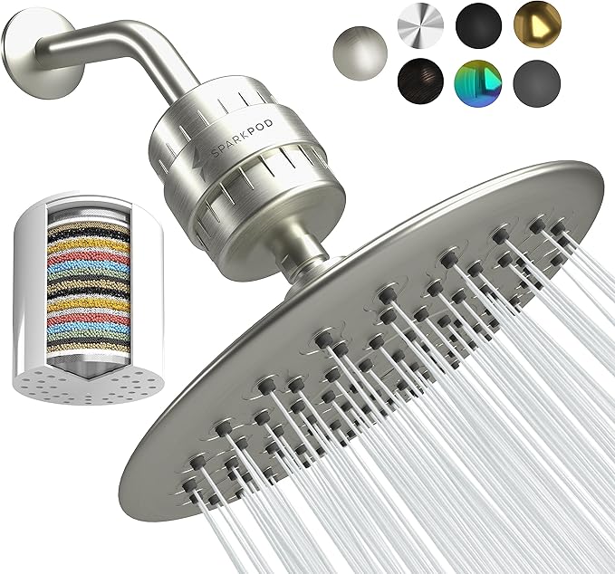 SparkPod Luxury Filtered Shower Head Set 23 Stage Shower Filter - Reduces Chlorine and Heavy Metals - High Pressure Showerhead Filter (9.5" Round, Elegant Brushed Nickel)