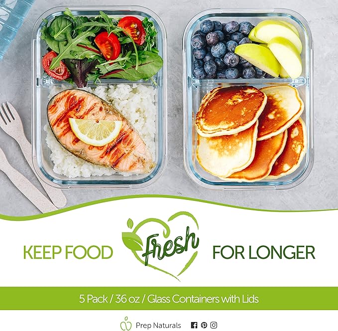 PrepNaturals 5 Pack 36 Oz Glass Meal Prep Containers - Dishwasher Microwave Freezer Oven Safe - Glass Storage Containers with Lids (Multi-Compartment)