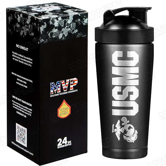 Military Gift Shop 24 oz Insulated USMC Shaker Bottle with Marine Corps Logo–24oz Water Bottle–Cup for Protein Shakes USMC Gifts | USMC Shaker Cup