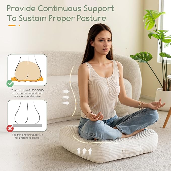 6" Washable Floor Pillow Cushion for Adults, Meditation Cushion Pillow, Large Square Floor Sitting, Removable Tufted Corduroy Cover, for Tatami Living Room or Yoga, 22x22 Inch, Machine Washable