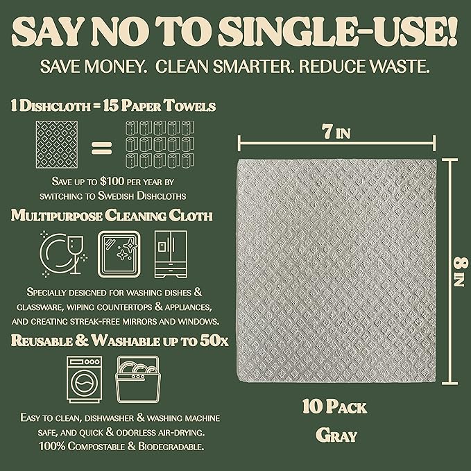 FEBU Swedish Dishcloths for Kitchen | 5 Pack Black Reusable Paper Towels Washable | Swedish Dish Towels | Non-Scratch Cellulose Sponge Cloths | No Odor, Biodegradable Cleaning Cloths