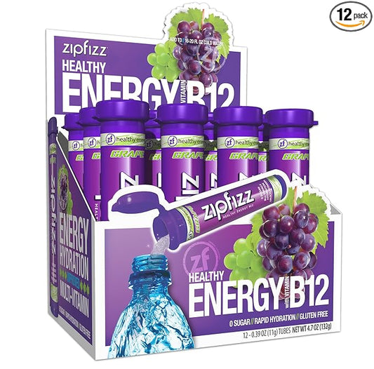 Zipfizz Daily Energy Drink Powder, Grape, 12 Pack | 3-in-1 Sustained Energy, Rapid Hydration, and Essential Vitamins | Sugar-Free | Electrolyte Powder | Contains Vitamin B-12 & Antioxidants