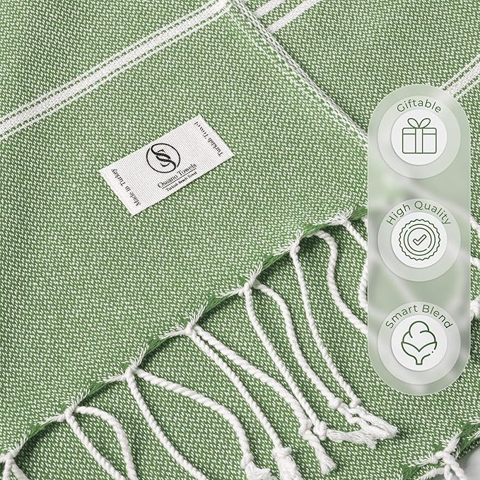 Turkish Beach Towel Absorbent & Quick Dry Oversized (39" x 71") - Decorative, Versatile and Functional as Yoga Mat, Picnic Blanket, Travel Blanket, Bath, Cruise, Gym Towel - Green