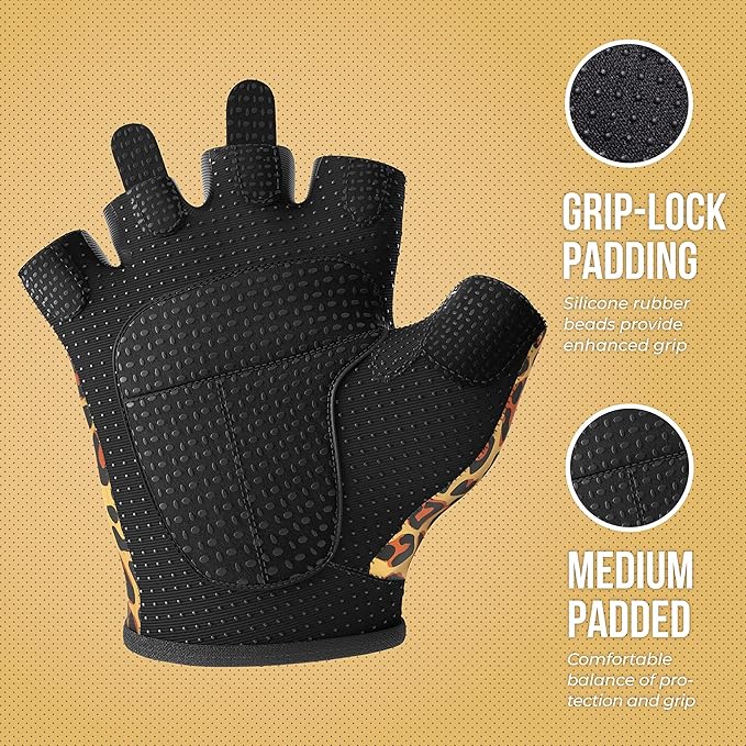 5297 Womens Design Series Leopard Print Lifting & Rowing Gloves (Pair) - Lightweight Vegan Medium Padded Microfiber Amara Leather w/Griplock Silicone