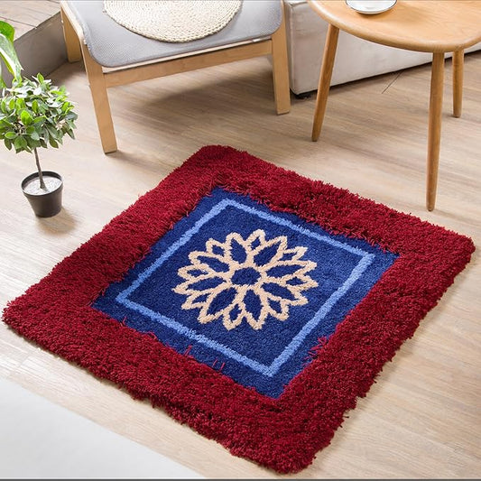 Himalayan Series Square Rug 3x3 | Luxury Meditation Rug Mat | Thick & Supportive Yoga Mat with Non-Slip Base | Decorative Carpet & Throw Rugs for Zen, Office & Living Room Burgendy/Blue