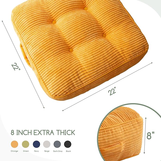 8" Washable Floor Pillow Cushion for Adults, Meditation Cushion Pillow, Large Square Floor Sitting, Removable Tufted Corduroy Cover, for Tatami Living Room or Yoga, 22x22 Inch, Machine Washable