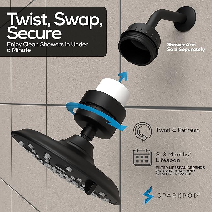 SparkPod Luxury Filtered Shower Head Set 23 Stage Shower Filter - Reduces Chlorine and Heavy Metals - High Pressure Showerhead Filter (8" Round, Midnight Black Matte)