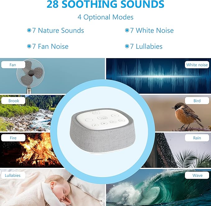 Rechargeable White Noise Machine with 28 Smoothing Sounds, Portable Sound Machine for Baby Kids Adult Sleeping, Auto-Off Timer, 32 levles of Volume Noise Machine Therapy for Home, Office, Travel