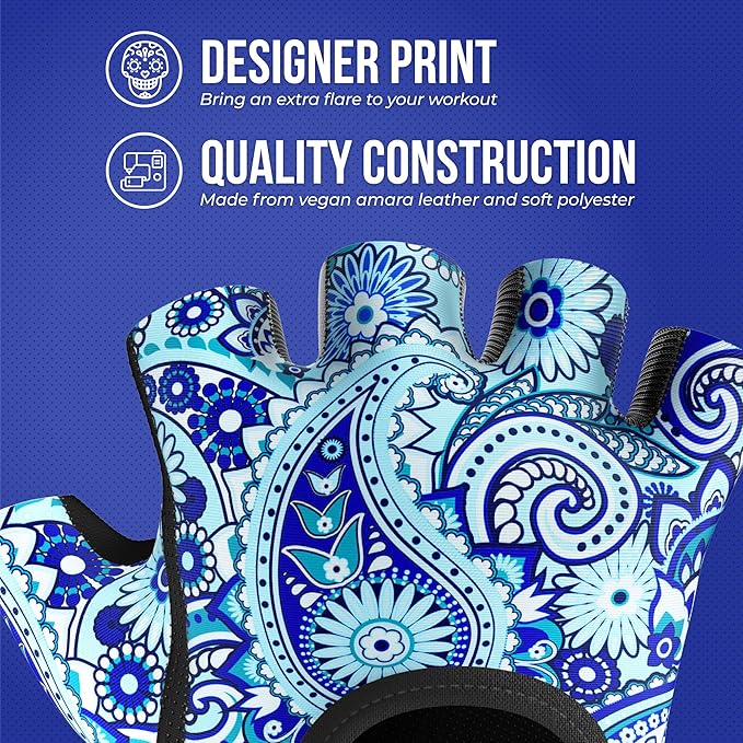 5387 Womens Design Series Paisley Print Lifting & Rowing Gloves (Pair) - Lightweight Vegan Medium Padded Microfiber Amara Leather w/Griplock Silicone