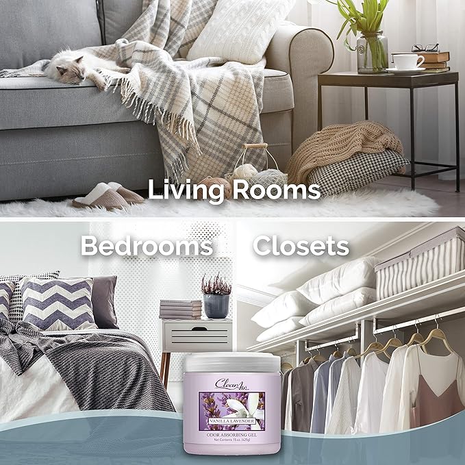 Clear Air Odor Absorber Gel - 15 oz, Pack of 2 - Air Freshener Absorbs and Eliminates Odors in Bathrooms, Cars, Boats, RVs and Pet Areas - Made with Essential Oils - Lavender Vanilla Scent