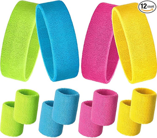 12 Pcs Sweatbands Set Neon Colors Headbands and Wristbands for Men Women Moisture Wicking Sweat Absorbing Workout Cotton Headbands 80s 90s Party