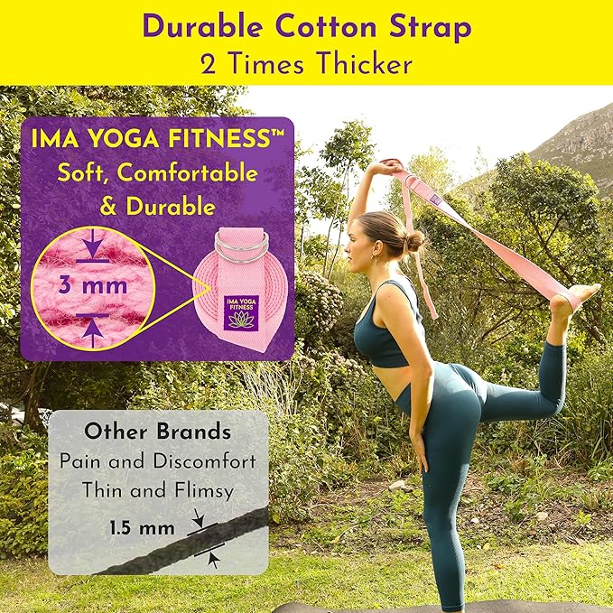 Adaptive Yoga Strap, Stretching Strap, 2 Inches Wide, 100% Naturally Soft Cotton, Steel D-Rings, Includes Natural Cotton Drawstring Storage Pouch and Instructional E-Book