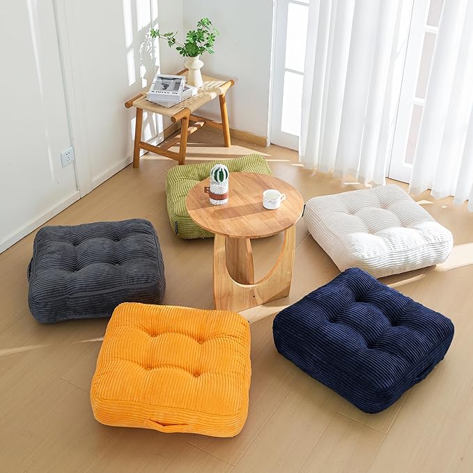 8" Washable Floor Pillow Cushion for Adults, Meditation Cushion Pillow, Large Square Floor Sitting, Removable Tufted Corduroy Cover, for Tatami Living Room or Yoga, 22x22 Inch, Machine Washable