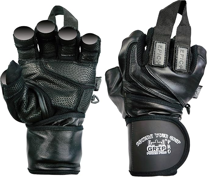 Epic Leather Gym Gloves with Built in 2" Wide Wrist Wraps Grip & Design for Weightlifting Power Lifting Bodybuilding & Strength Training Workout Exercises