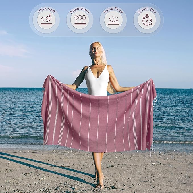 Turkish Beach Towel Soft & Drying Oversized (39" x 71") - Quick Dry, Versatile and Functional as Picnic, Travel and Beach Blanket, Yoga, Gym, Pool and Cruise Towels - Pink
