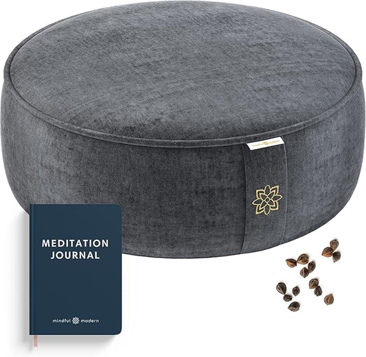 Mindful Modern Velvet Meditation Cushion | Luxe Zafu Yoga Floor Pillow Seat | Posture Support | Buckwheat Hull Filled | Large Round Cushion with Removable Washable Cover + Carry Handle