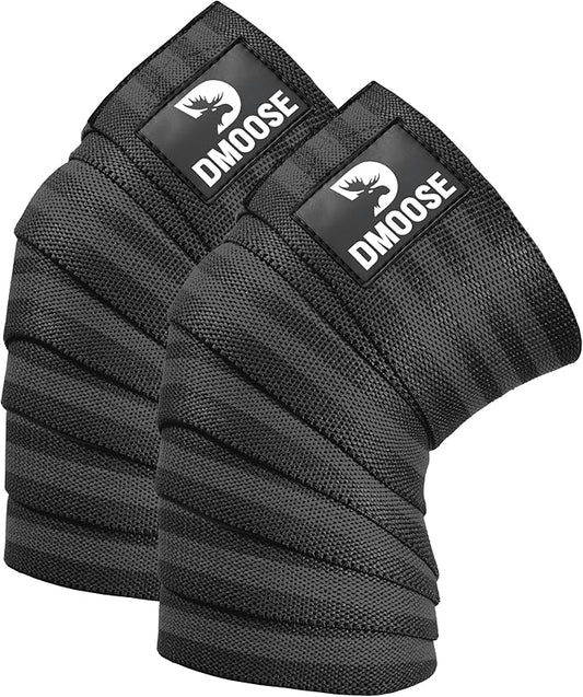 DMoose Fitness Knee Wraps for Weightlifting (Pair) – 78” Gym Brace Straps for Joint Stability & Pain Relief - Perfect for Squats & Working Out - USPA Approved Knee Wrap Supports for Men and Women