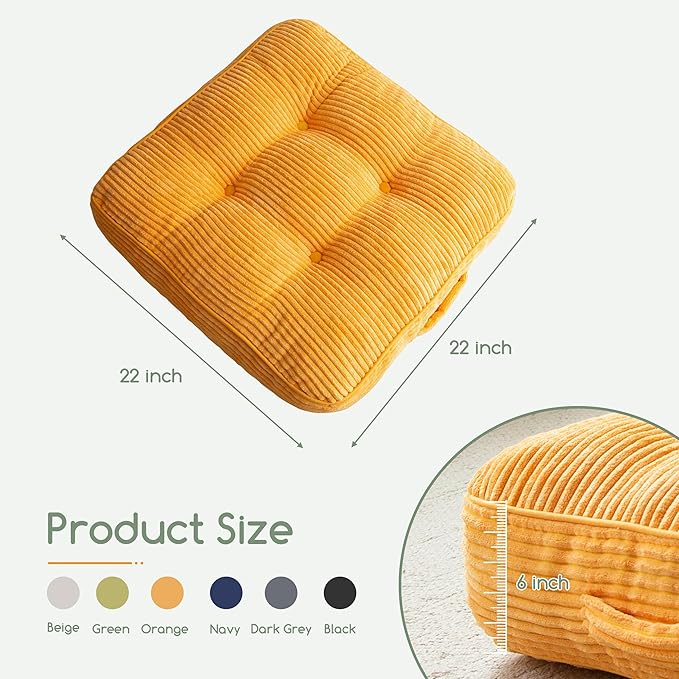 6" Washable Floor Pillow Cushion for Adults, Meditation Cushion Pillow, Large Square Floor Sitting, Removable Tufted Corduroy Cover, for Tatami Living Room or Yoga, 22x22 Inch, 2Pack, Machine Washable