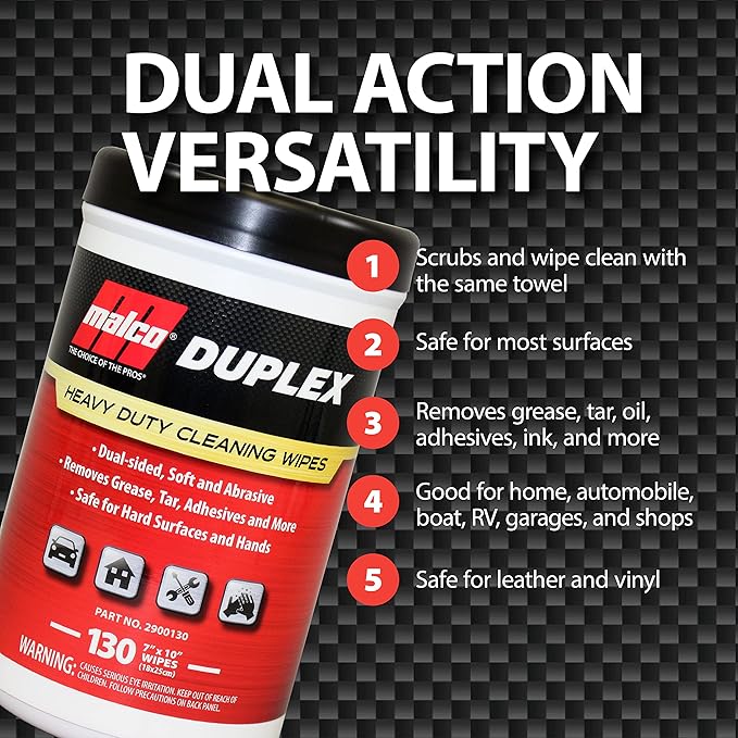 Malco Duplex Heavy Duty Cleaning Wipes for Home and Auto - Dual Sided Textured, Wet Wipe/Removes Grease, Tar, Paint, Oil, Dirt/No Residue/Safe for Hands/Made in USA (130 Wipes)