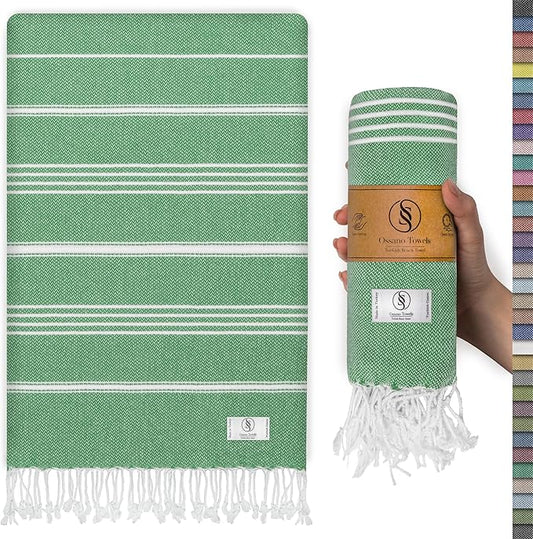 Turkish Beach Towel Absorbent & Lightweight Oversized (39" x 71") - Quick Dry, Versatile and Functional as Yoga Mat, Picnic Blanket, Travel Blanket, Bath, Shower and Body Towel - Sea Green