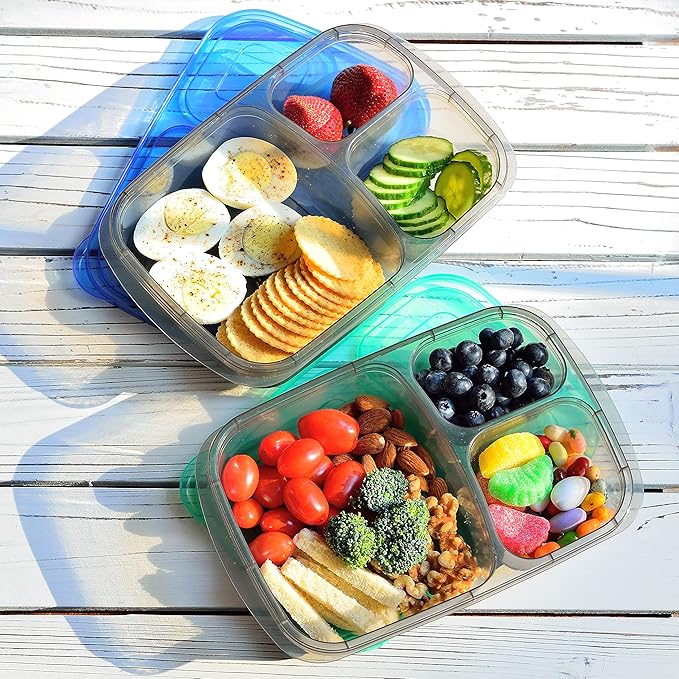 Youngever 7 Sets Bento Lunch Box, Meal Prep Containers, Reusable 3 Compartment Plastic Divided Food Storage Container Boxes