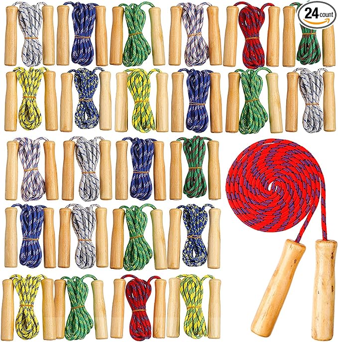 Shappy 24 Pcs Jump Rope Bulk 7.25 ft Adjustable Cotton Skipping Rope with Wooden Handle Braided Fitness Jumping Rope for Training Outdoor Exercise Fun Activity Party Favor