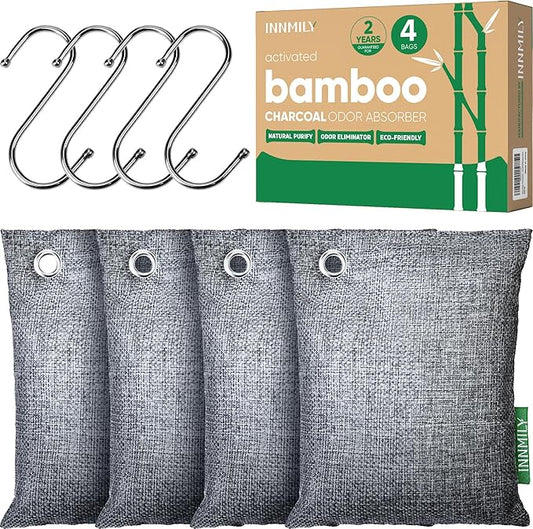 Activated Charcoal Odor Absorber,Large 4x200g w Hooks Nature Odor Eliminator for Strong Odor,Bamboo Charcoal Air Purifying Bags,Moisture Absorbers for Fresh Home Car Closet Pet,Smoke Smell Deodorizer