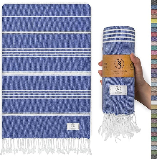Turkish Beach Towel Compact & Luxury Extra Large (39" x 71") - Quick Dry, Versatile and Functional as Yoga Mat, Airplane and Travel Blanket, Bath and Body Towels - Sax Blue