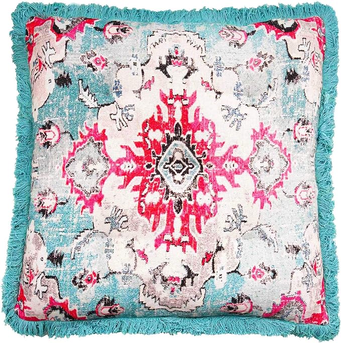 Mandala Life ART Square Meditation Cushion Cover with Fringes - 26 inches - Printed Vintage Blue Cotton Boho Chic Pillow Case