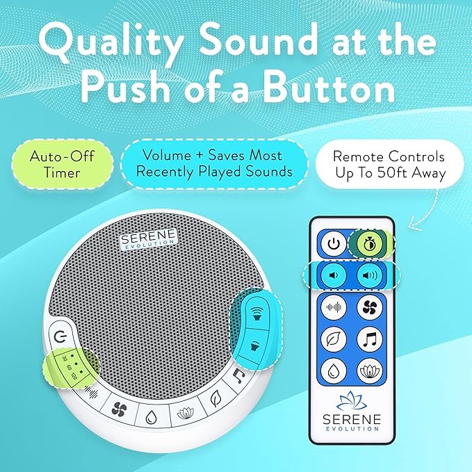 Serene Evolution White Noise Sound Machine with Remote Control - 70 Sound Options for Sleeping Adults and Babies - White Noise Machine for Office Privacy, Noise Canceling with Ocean and Rain Sounds